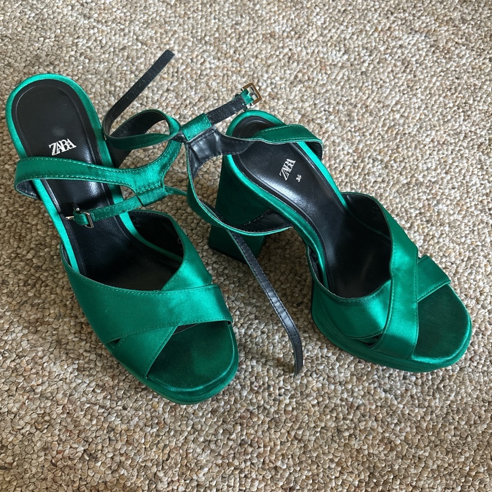 Zara Emerald Satin Strappy Heels